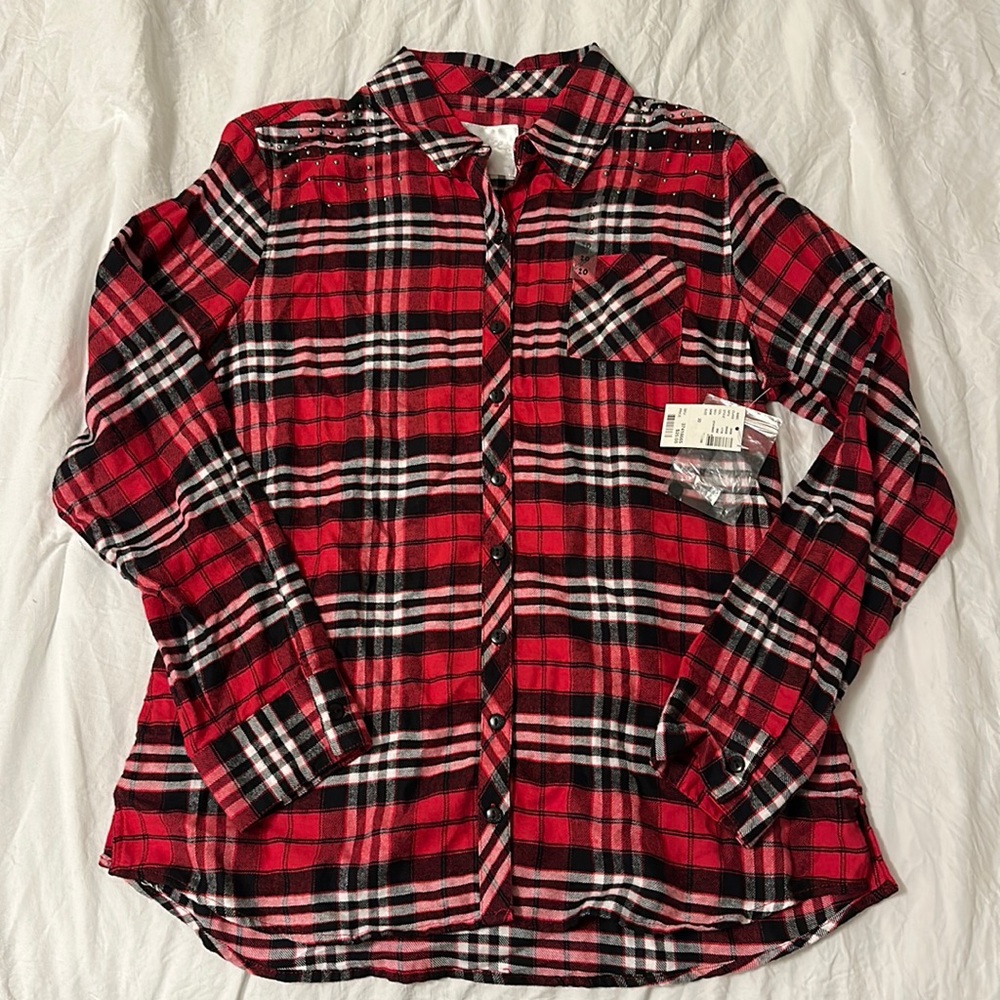 Justice Girls Studded Plaid Red Button Up